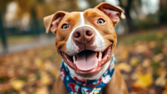 Happy brown pit bull with bandana in autumn park. Pitbull Awareness Month - Powered by Adobe