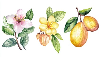 Watercolor botanical art: pink hibiscus, yellow frangipani, mango fruits with lush leaves. Fair Trade Month