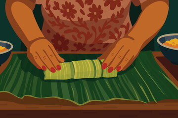 Woman's hands wrapping a traditional tamal in banana leaves on a table, Latin American cooking scene, flat illustration