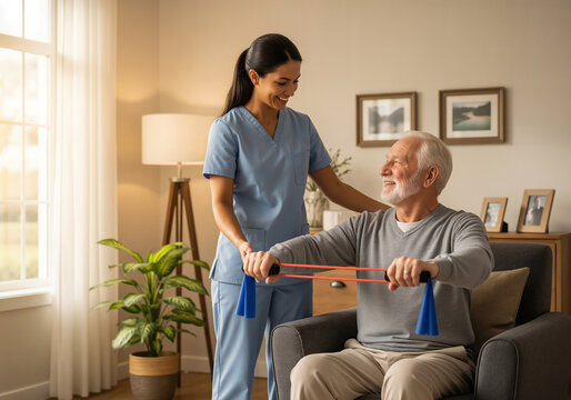 Senior man doing physical therapy at home with caregiver