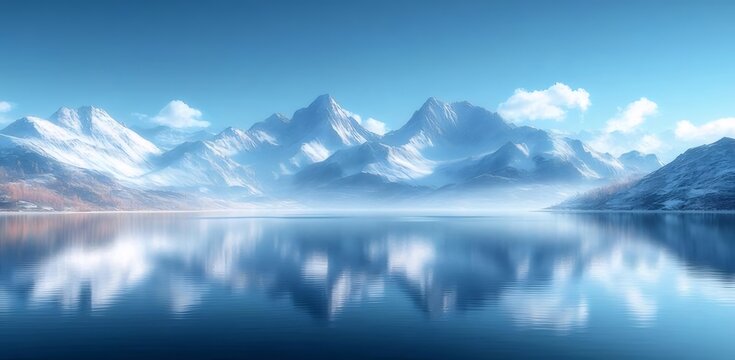雪山と湖の風景 青い空と水面の反射 美しい冬の自然のパノラマ