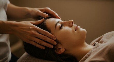 A woman receives a head massage Another persons hands cradle her forehead She rests on a brown surface