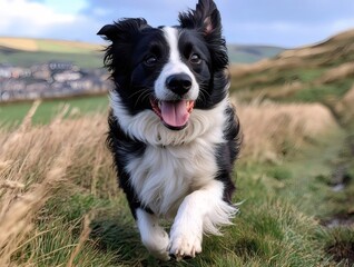 Energetic Border Collie Dog Running Towards Camera in Grassy Field with Happy Expression