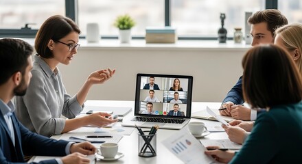 Diverse Business Professionals Collaborating in a Modern Office Setting with a Hybrid Video Conference Meeting