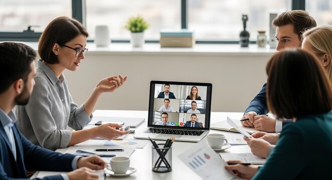 Diverse Business Professionals Collaborating in a Modern Office Setting with a Hybrid Video Conference Meeting