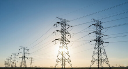 Silhouettes of power lines and towers stretching into the distance at sunset.