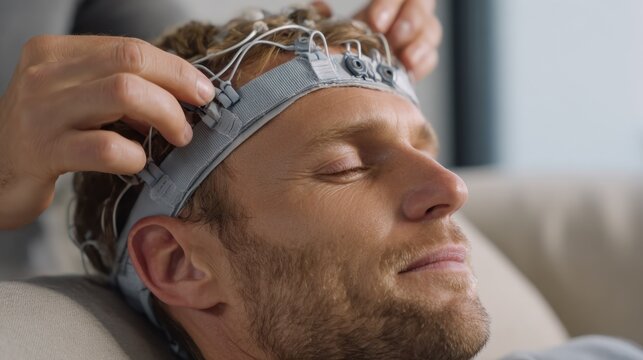 Close medium shot showing a hand adjusting the EEG headband strap during a neuromodulation treatment with the subjects relaxed face in soft focus emphasizing selfadministered