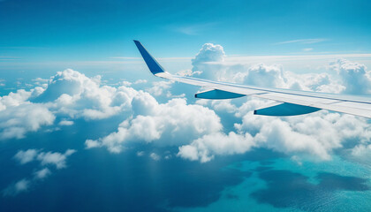 Fototapeta premium Airplane wing view over tropical ocean with scattered clouds and vibrant blue waters.