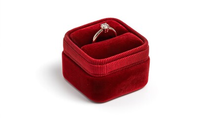 A glistening diamond ring nestled in a plush red velvet box waiting for a heartfelt proposal on a