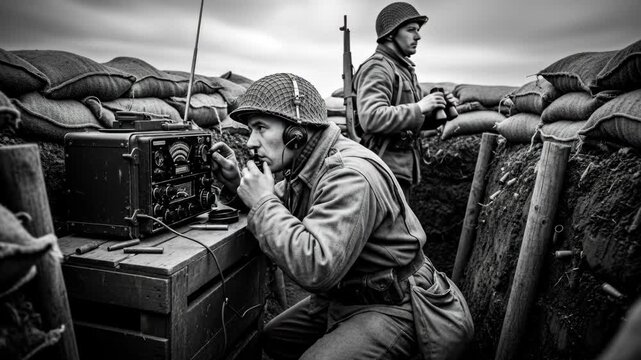 World War II Soldiers Communicating in Trench - Two soldiers in a World War II-era trench communicate using a field radio.