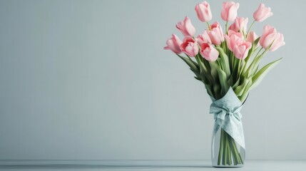 Fototapeta premium ピンクのチューリップの花束 水色のリボン付き透明なガラス花瓶 優しい背景