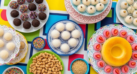 An overhead shot of various brazilian sweets and snacks on colorful patterned plates and bowls on a table