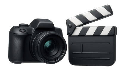 Fototapeta premium 3D icon set of media elements including a camera and clapperboard.