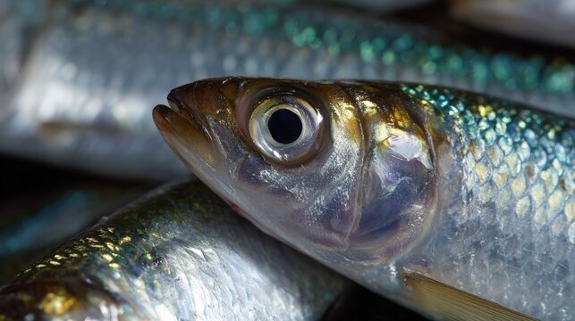 Close up of shiny live herring fish in water.