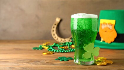 A celebratory glass of vibrant green drink, adorned with shamrocks, sits on a wooden table, surrounded by St. Patrick's Day decorations.