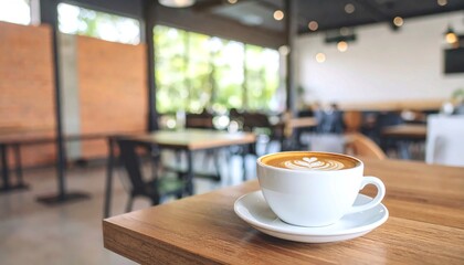 Obraz premium A steaming cup of latte with beautiful coffee art on a rustic wooden table inside a cozy, inviting cafe, perfect for a relaxing morning or afternoon break