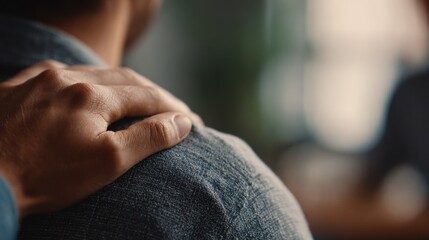 Medium shot of a supportive hand on a friends shoulder softly outoffocus group setting conveying compassion connection and peer support in mental health.