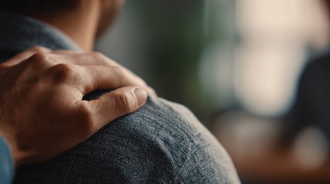 Medium shot of a supportive hand on a friends shoulder softly outoffocus group setting conveying compassion connection and peer support in mental health.