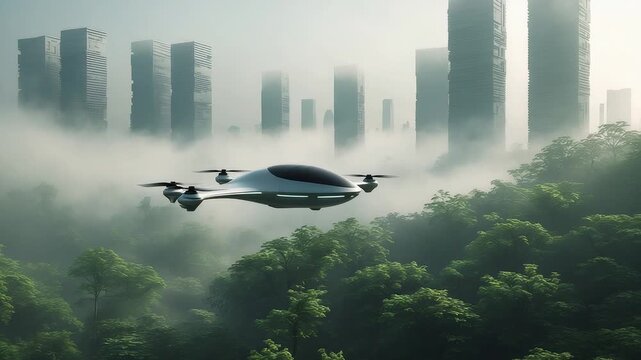 Futuristic flying car drone hovering above green forest canopy with misty modern skyscrapers rising in the background under soft daylight