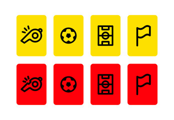 Yellow and red card icon. Attribute of football or game rules. Referee system of punishment for violation of rules. Symbol of sports match, referee or championship.
