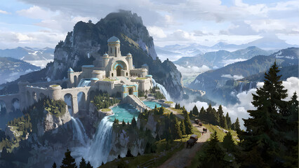 a colossal fantasy castle carved into the side of a massive mountain