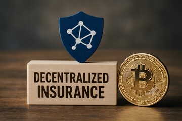 A shield and a Bitcoin coin on a wooden block symbolizing decentralized insurance. 
