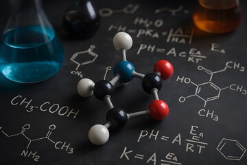 A detailed and colorful view of molecules and chemical structures with scientific tools.