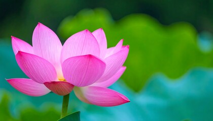 A vibrant pink lotus blossom stands out against a blurred backdrop of teal water and green foliage, showcasing delicate petals and a soft, serene mood.
