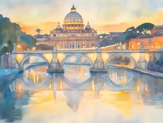 Fototapeta premium 夕暮れ時のローマ聖ペテロ大聖堂 水彩画 橋と光の反射 鮮やかなオレンジと黄色