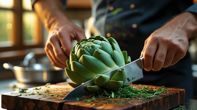 Chef preparing fresh artichoke on wooden cutting board with sharp knife, chopping herbs in rustic kitchen with natural light atmosphere