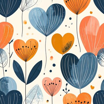 Motif sans couture avec coeurs, fleurs, v&eacute;g&eacute;taux, dans les tons oranges et bleus, sur fond blanc cass&eacute;. Reference Image