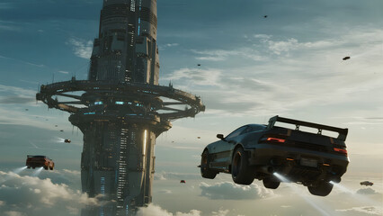 a futuristic arcology, a self-contained city in a single, impossibly tall skyscraper that reaches above the clouds,