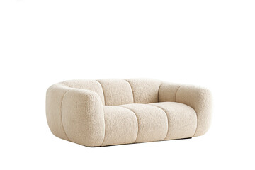 Modern beige boucle loveseat sofa with rounded plush design isolated on white background
