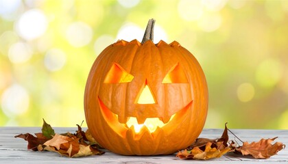 A glowing carved pumpkin sits on a wooden surface surrounded by autumn leaves, against a soft, blurred backdrop of out-of-focus foliage.