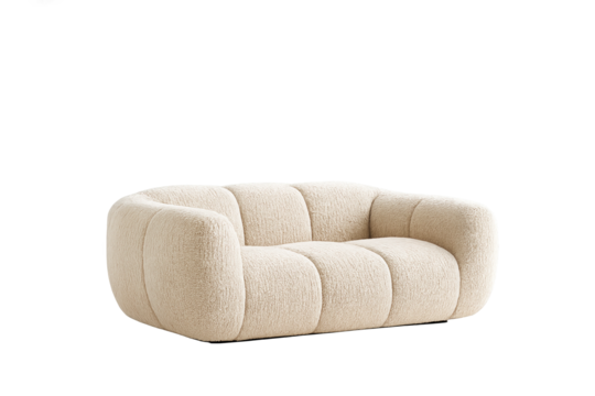 Modern beige boucle loveseat sofa with rounded plush design isolated on white background
