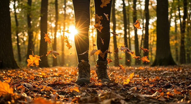 Person standing in a forest kicking up fallen autumn leaves as the sun shines through the trees. - Powered by Adobe