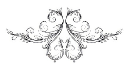 Elegant black and white symmetrical flourish with intricate swirls and leafy accents