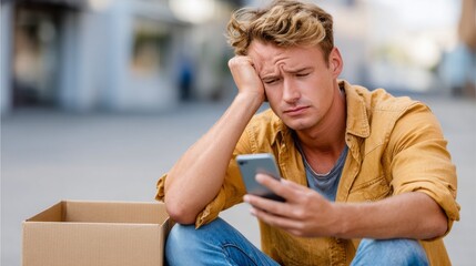 Stressed unemployed businessman sitting on sidewalk with a cardboard box while looking at his smartphone