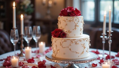 Elegant two-tier wedding cake with red roses and gold accents on a romantic candlelit table.