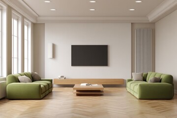 Modern living room with light green sofas and light wooden furniture.