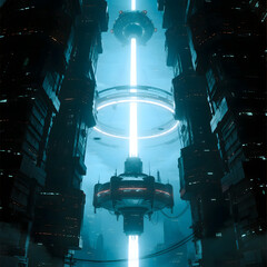 cinematic shot of a massive space elevator, its base station dwarfing the surrounding city