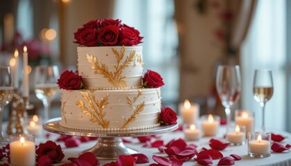 Elegant two-tiered wedding cake with red roses and gold accents on a romantic, candlelit table.