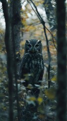 森に佇むフクロウのポートレート 葉と木々の間の灰色の鳥 雰囲気のある光