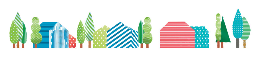 Cute and minimalist illustrations of houses with a Scandinavian feel. Illustrations with a sense of depth. Illustrations. Real estate. Interior design. Housing.