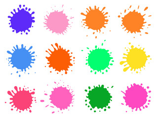 Collection of colorful paint splatters and splashes on a white background
