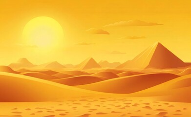 黄金色の砂漠とピラミッドの夕日 シンプルな背景に鮮やかな太陽と雲