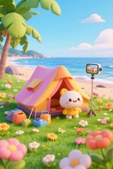 ビーチのテントとキャラクターとカメラの夏のイラスト 青い海と緑の草地の背景