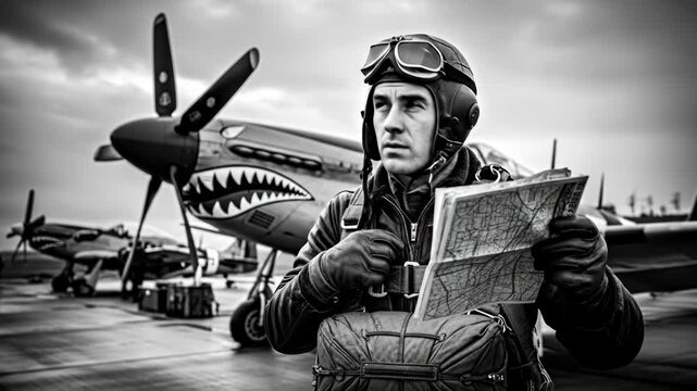 WWII Pilot Preparing for Mission - A black and white video of a World War II pilot in full flight gear meticulously studying a map before a mission, with his aircraft prominently featured in the
