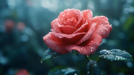 鮮やかなピンクのバラのクローズアップ 輝く水滴と緑の葉 柔らかい背景