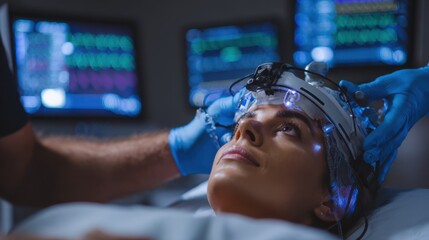 Medical technician fitting a focusedultrasound ablation headset carefully on a patients skull device in crisp focus background medical monitors blurred subtly.